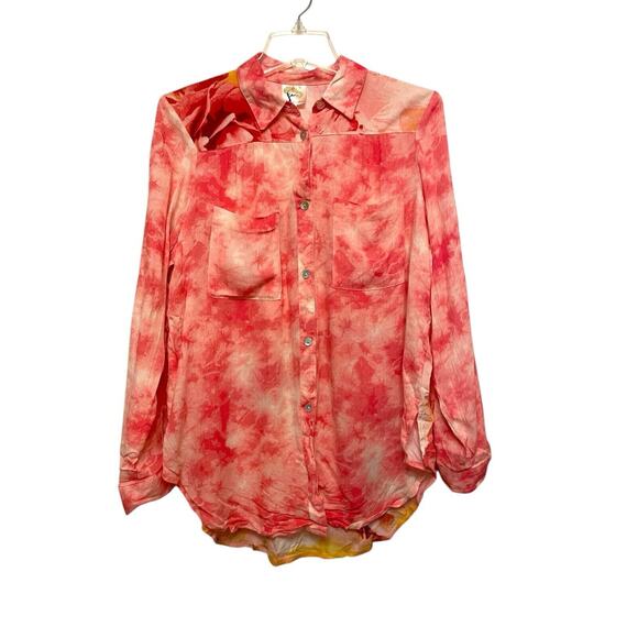 Fig And Flowers Long Sleeve Collared‎ Shirt Women Size Small Tie Dye Pink Floral - Picture 1 of 5